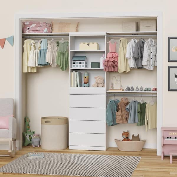 Mosaics 97.55 in. W White 6-Shelf 4-Drawer 3-Hang Rod Wood Closet System