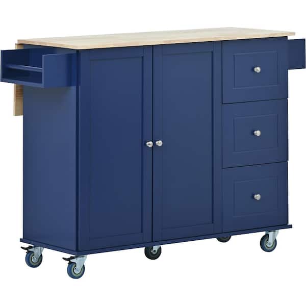 Siavonce Dark Blue Solid Wood Top 19.88 in. W Kitchen Island With Locking Wheels & Storage Cabinet Drawers