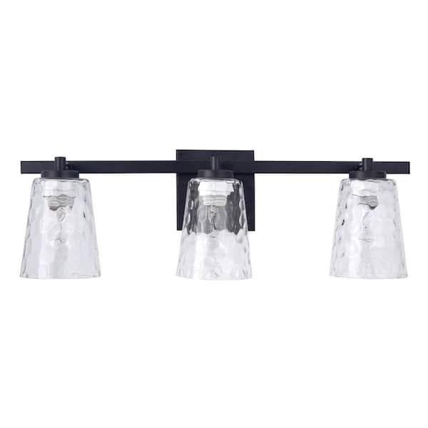 Radiance 22.8 in. 3-Light Black Vanity Light with Clear Water Glass Shades