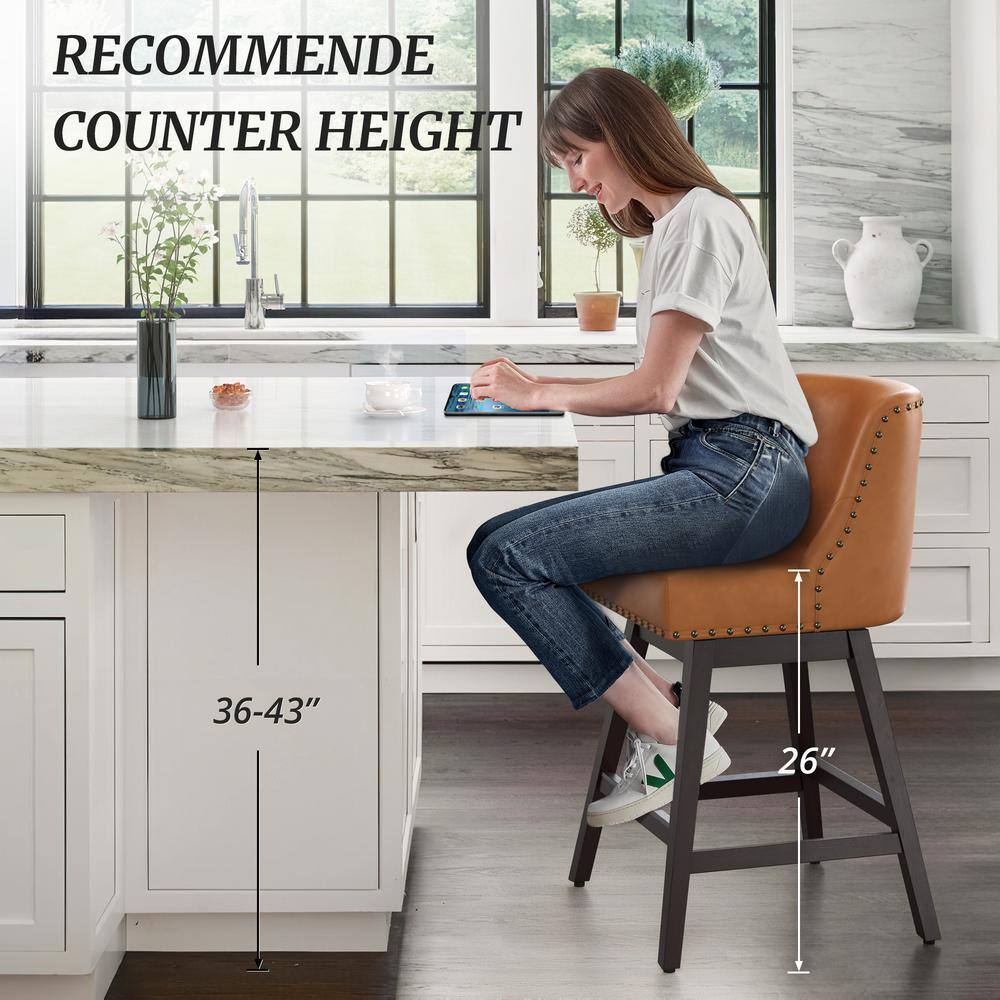 26'' Yellowish-Brown Swivel Counter Stools with Faux Leather and Wood Legs, Set of 6