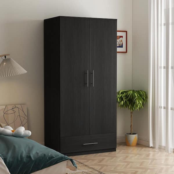 FUFU&GAGA Black 2-Door Wardrobe Armoire with 1-Drawers and Hanging