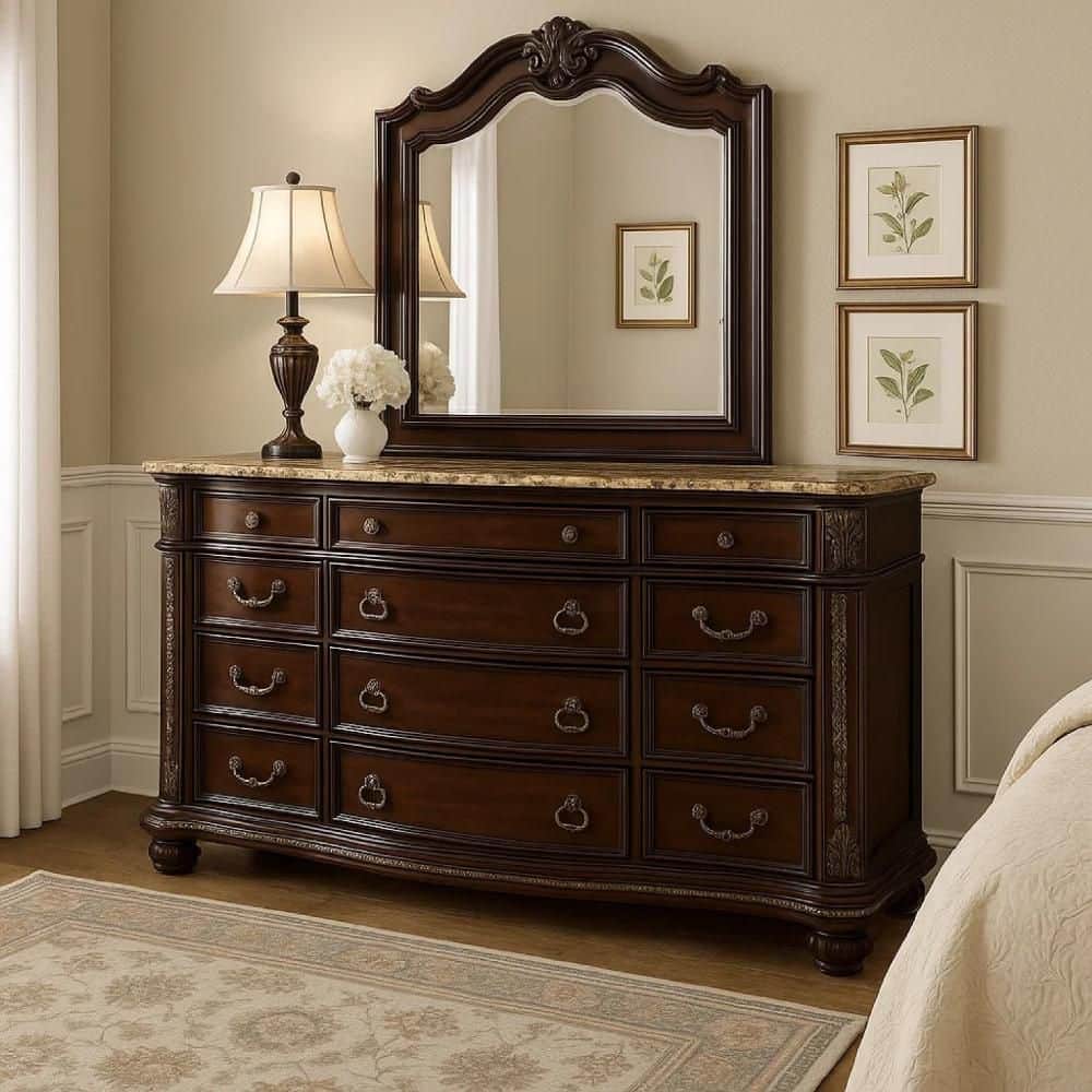 Kera Classic Dresser, 69 Inch, 12 Drawers, Sculpted Cherry Brown Wood Benjara