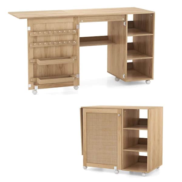 Costway Rattan Sewing Machine Table with Rattan Door 18-Pegs Storage Shelves 2-Bins
