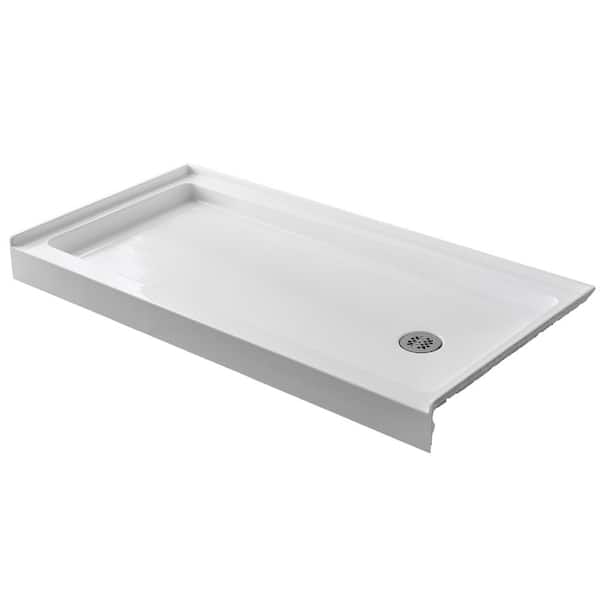 60 in. L x 30 in. W Rectangular Alcove Shower Pan Base with Right Drain in White Single Threshold Acrylic Shower Tray