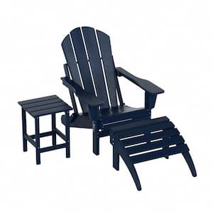 Angel Classic Navy Blue Plastic Adirondack Chair with Ottoman and Side Table Set (3-Piece)