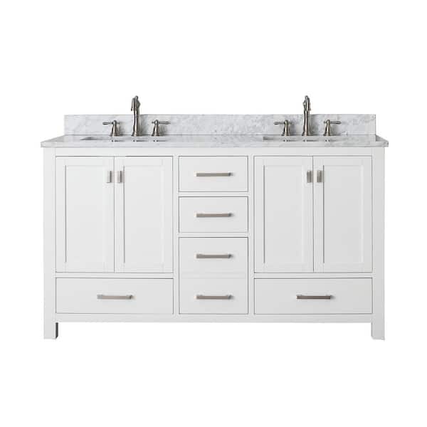 Modero 61 in. Double Sink White Bath Vanity with Carrara White Marble Top