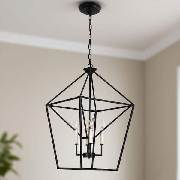 Modern 4-Light Matte Black Industrial Candlestick Chandelier with Geometric Metal Shade for Kitchen Island