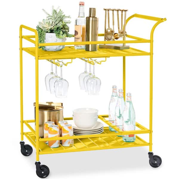 Best Choice Products 2-Tier Yellow Outdoor/Indoor Metal Bar Serving Cart with Storage Shelves and Lockable Wheels