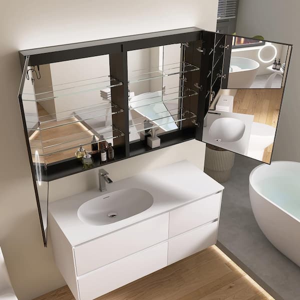 48 in. W x 32 in. H Rectangular Black Aluminum Recessed/Surface Mount Medicine Cabinet with Mirror and LED