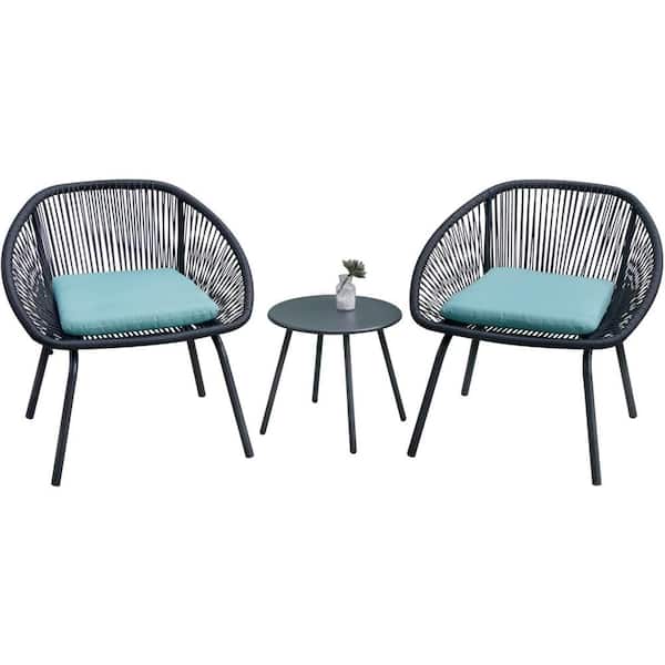 waelph 3-Piece Wicker Patio Outdoor Bistro Table Set with Blue Seat Cushions