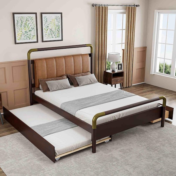 Walnut Wood Frame Queen Size Platform Bed with 2 Big Drawers and T-XL Size Trundle