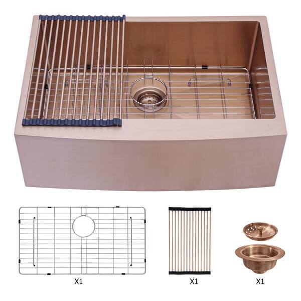 FAMYYT 33 in. Farmhouse/Apron-Front Single Bowl Rose Gold Stainless Steel Kitchen Sink with Bottom Grids and Strainer