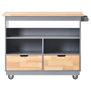 Grey Blue Rubber Wood Kitchen Cart with Open Shelves 2 Drawers and Towel Rack