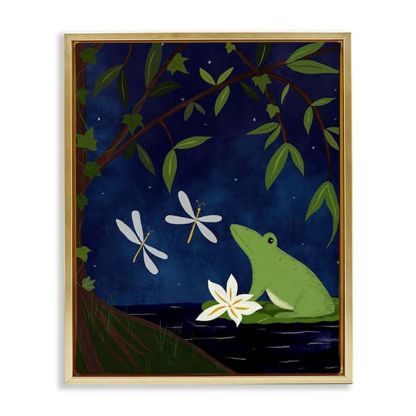 Stupell Industries Frog in Night Forest by Michelle Ingari Designs Gold Floater Frame Animal Graphic Art Print 21 in. x 17 in.