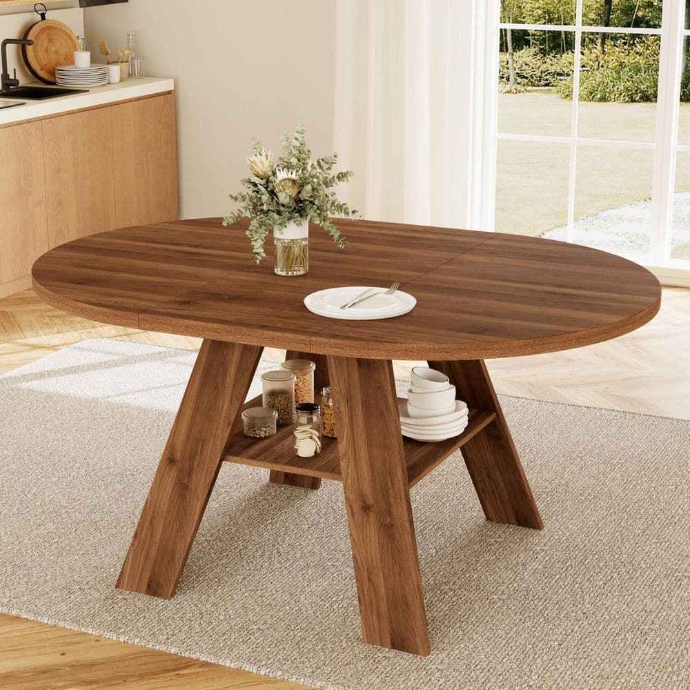 59 in. Modern Walnut MDF Metal Legs Extendable Dining Table Round Kitchen Table for 4-6 People