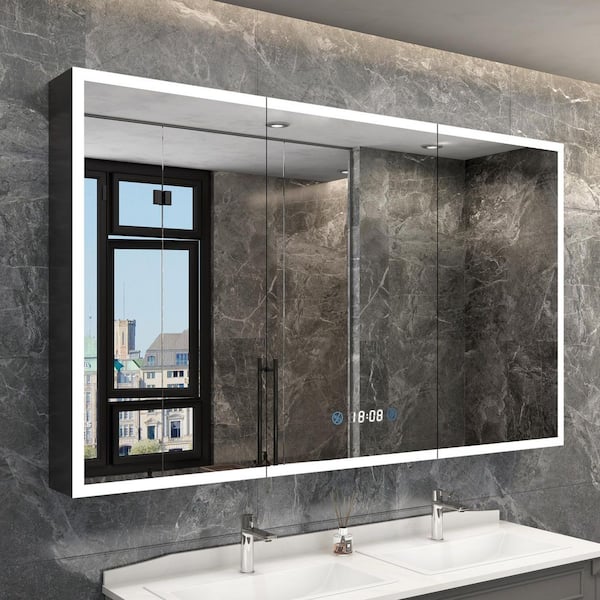 60 in. W x 36 in. H Black Rectangular Aluminum Dimmable Flowing LED Light Surface Medicine Medicine Cabinet with Mirror