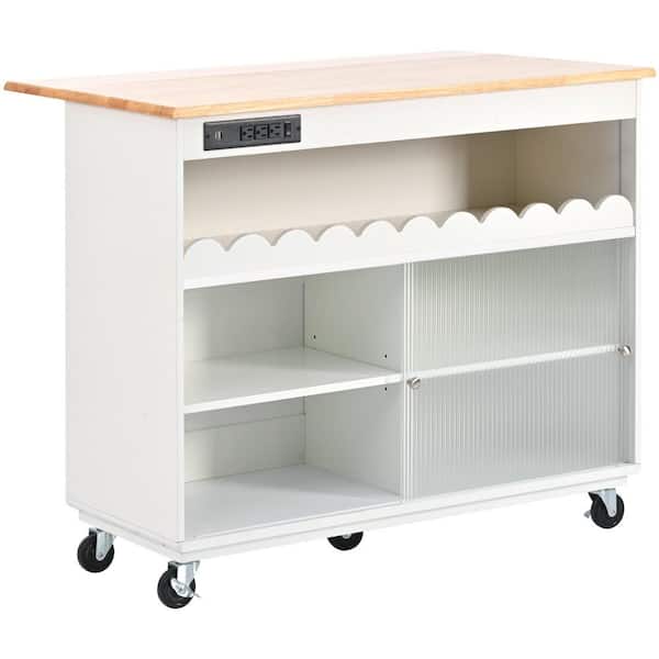 ANTFURN 44.02 in. W x 26.97 in. D White Wood Kitchen Cart with Locking Casters; Shelf; Wheels