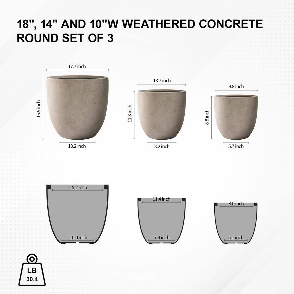 Weathered Concrete Round Planter Set with Drainage Holes