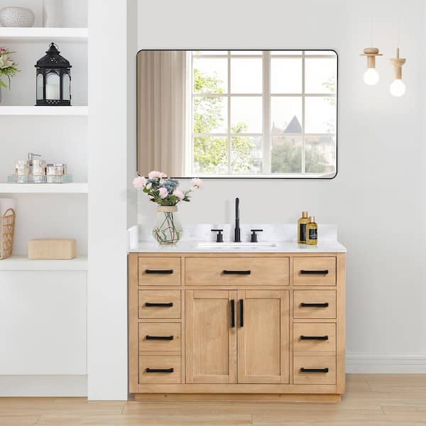 Altair Gavino 48 in. W x 22 in. D x 34 in. H Single Sink Bath Vanity in Light Brown with White Composite Stone Top and Mirror