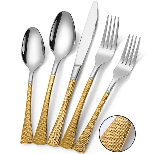 20-Piece Hammered Gold Stainless Steel Flatware Set, Service for 4, Dishwasher Safe