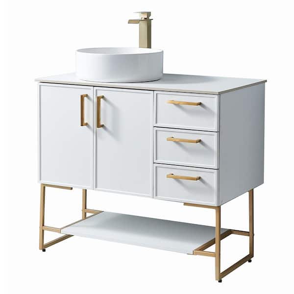 VC CUCINE 36 in. W x 20 in. D x 32 in. H Modern Bathroom Vanity in White with Vessel Ceramic Single Sink and White Marble Top