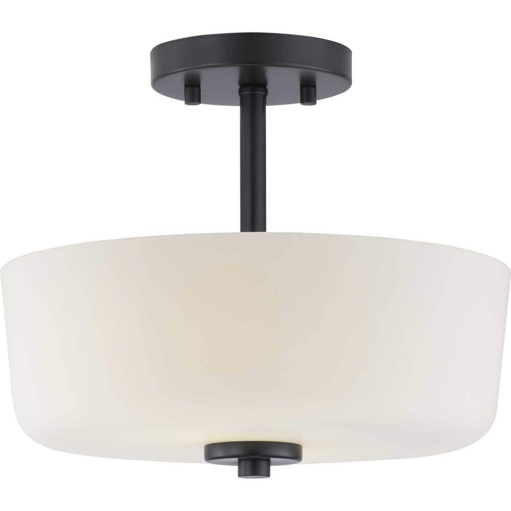 Tobin Matte Black and Etched White Glass 2-Light Semi-Flush Ceiling Fixture