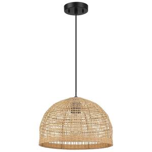 Bungalo 13.8 in. 1-Light Black/Wheat Bohemian Island Pendant with Natural Rattan Shade