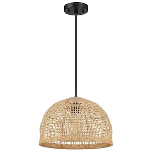 Bungalo 13.8 in. 1-Light Black/Wheat Bohemian Island Pendant with Natural Rattan Shade