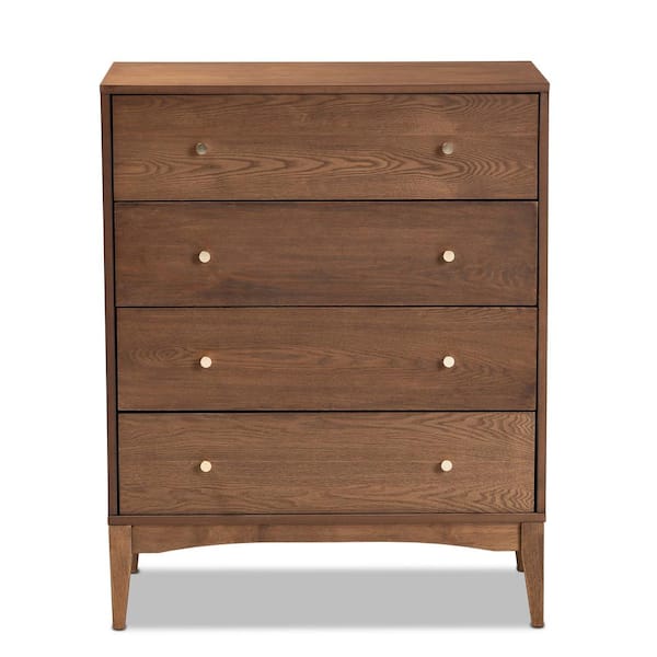 Baxton Studio Landis 4-Drawer Ash Walnut and Gold Chest of Drawers (37.7 in. H x 30 in. W x 15.7 in. D)