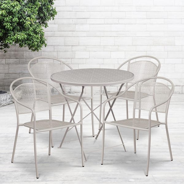 Carnegy Avenue Oia Gray 5-Piece Metal Round Steel Folding Patio Indoor - Outdoor Dining Set with with 4-Round Back Chairs