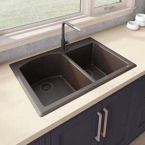 33 in. Espresso Brown Double Bowl Dual-Mount Granite Composite Kitchen Sink