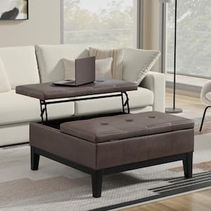 Dover 36 in. Wide Contemporary Square Lift Top Coffee Table Storage Ottoman in Distressed Brown Vegan Faux Leather