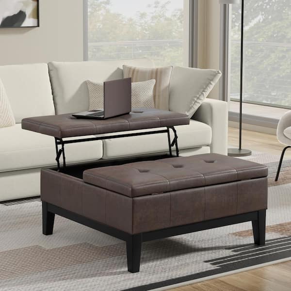 Dover 36 in. Square Lift Top Coffee Table Storage Ottoman in Distressed Brown Vegan Faux Leather, Assembled