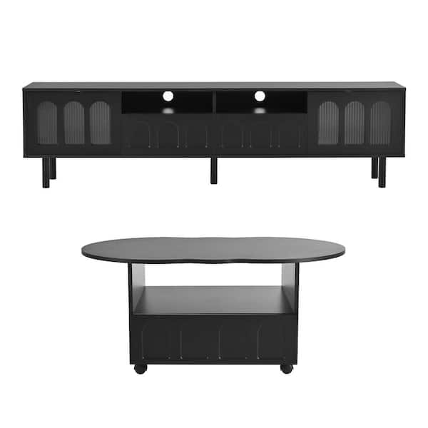 2-Piece 70.8 in. W x 11.8 in. D x 18.9 in. H Black Linen Cabinet with TV Stand, Coffee Table for TV up to 80 in.
