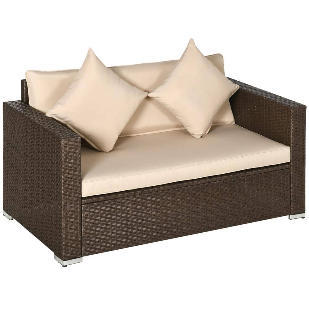 Beige Wicker Outdoor Loveseat with Cushions and Throw Pillows