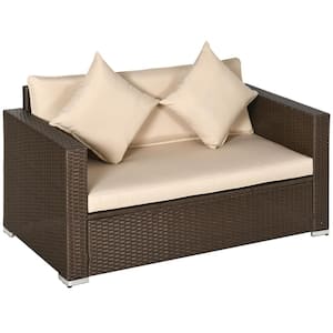 Wicker Outdoor Loveseat  in Beige with Off-White Cushions