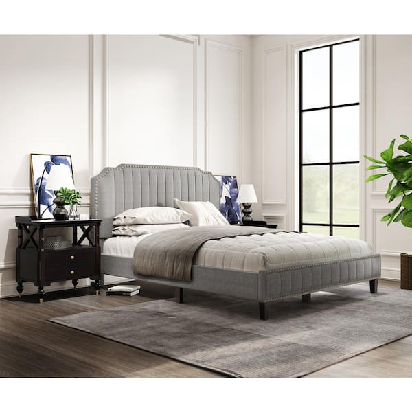 Tatahance 85 In W Grey King Size Modern Linen Curved Upholstered Platform Bed With Nailhead Trim F Wf199330aae Tatahance 85 In W Grey King Size Modern, Upholstered Panel Bed King Size