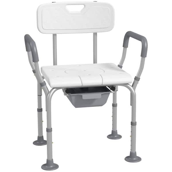 3-in-1 Shower Chair with Back and Arms, Height Adjustable Bedside Commode with Non-Slip Rubber Foot Pad, White