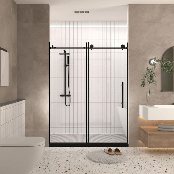 44-48 in. W x 76 in. H Sliding Frameless Shower Door in Matte Black Finish with Clear Glass
