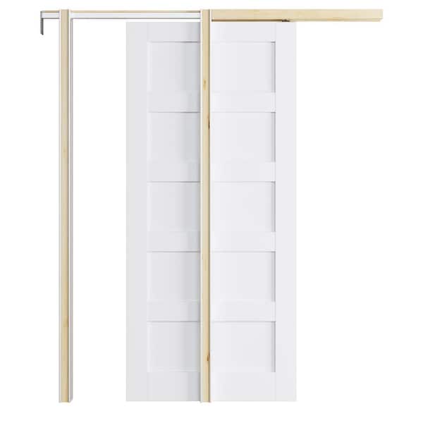 36 in. x 80 in. 5-Lite Paneled White Primed MDF Pocket Sliding Door with Pocket Door Frame and Hardware Kit
