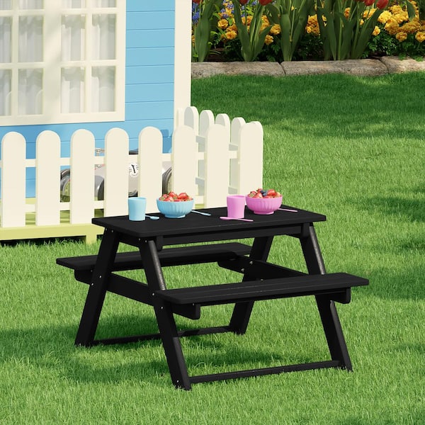 Children's Laguna Outdoor Patio All Weather Plastic 29.75 in. Rectangle Kids Picnic Play Table with Benches in Black