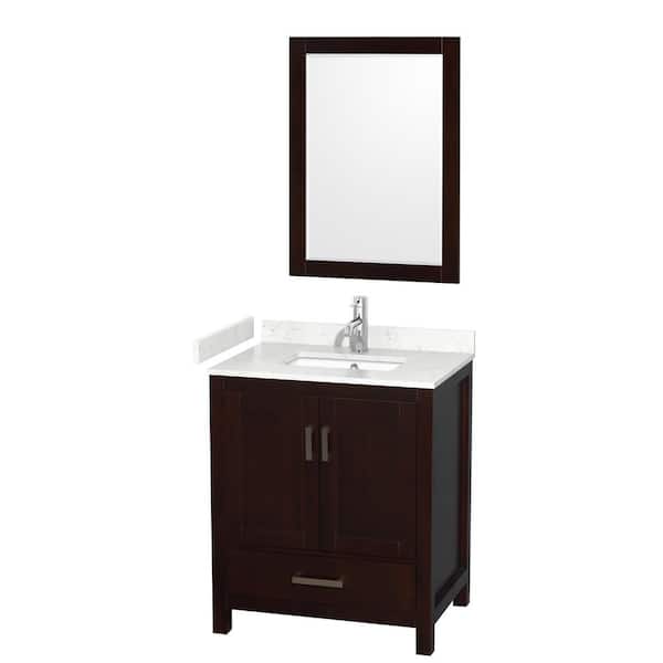 Wyndham Collection Sheffield 30 in. W x 22 in. D x 35.25 in. H Single Bath Vanity in Espresso with Carrara Cultured Marble Top & 24" Mirror
