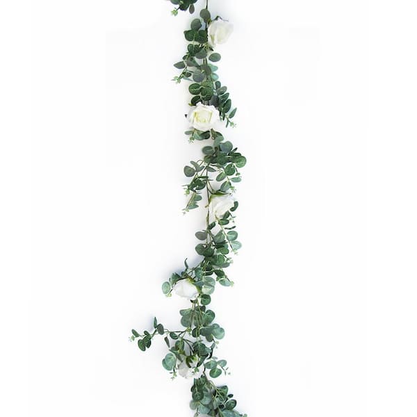 6 ft. Cream White Artificial Rose Eucalyptus Flower Garland Hanging Vine