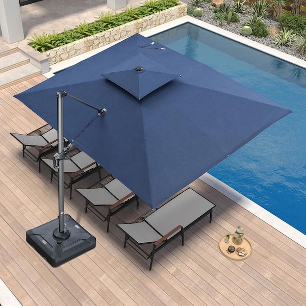 9 ft. x 12 ft. Sunbrella Double Top Aluminum 360° Rotation Cantilever Patio Umbrella in Spectrum Indigo, with Base