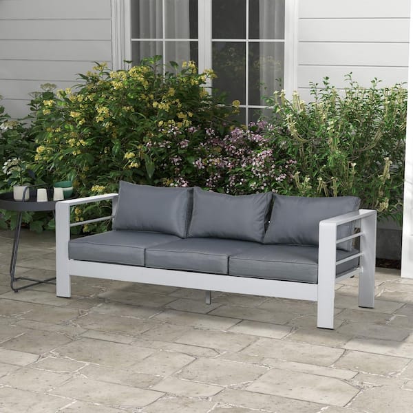 69 in. Straight Arm Polyester Rectangle 3 Seater Aluminum Outdoor Sofa in Gray