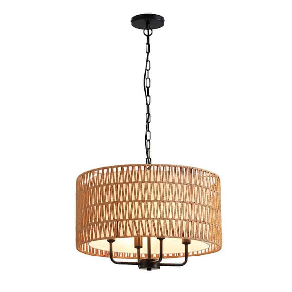 19.7 in. 4-Light Rattan Yellow Bohemian Chandelier for Foyer Dining Room