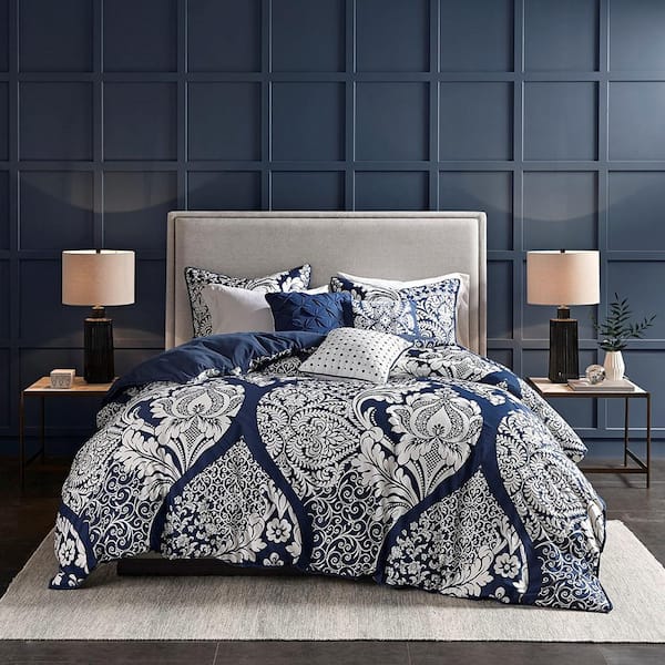 6-Piece Blue Printed Damask Design Polyester Queen Duvet Cover Set