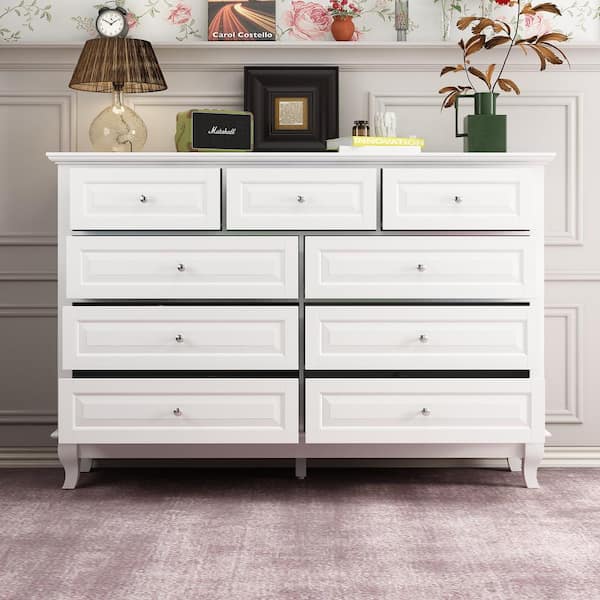 White Wooden 9-Drawer Chest of Drawers 55.1 in. W x 37 in. H x 15.7 in. D Console TV Stand, Modern European Style