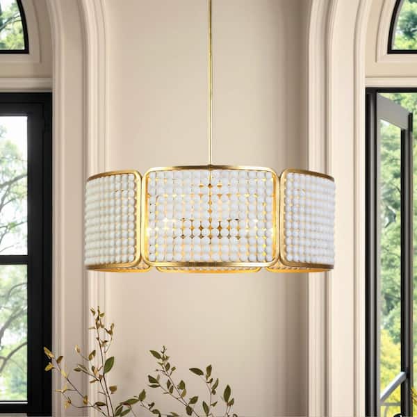 Bohemian 5-Light Round Beaded Chandelier, Transitional Drum Gold Chandelier Lighting with White Wood Bead Shade