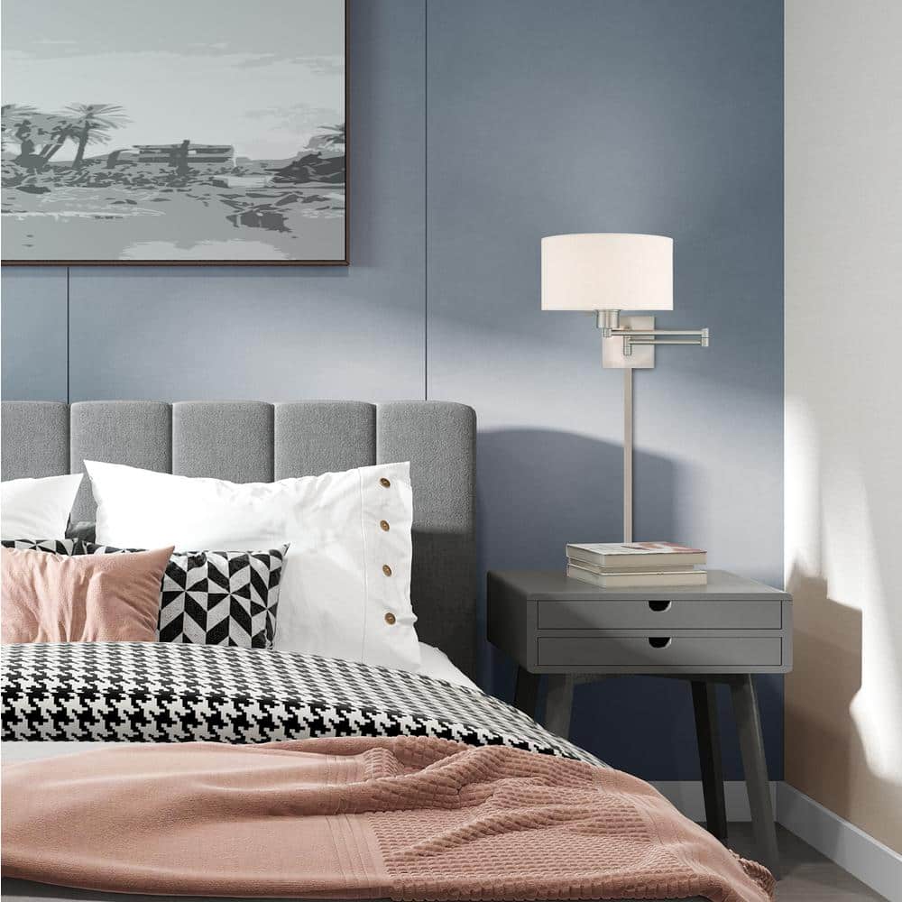 Elegant Brushed Nickel Swing Arm Wall Lamp with Oatmeal Fabric Shade